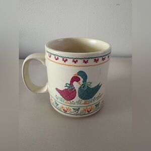 Russ Berrie Vintage Friendship Mug Ducks Cross Stitch Style CottageCore